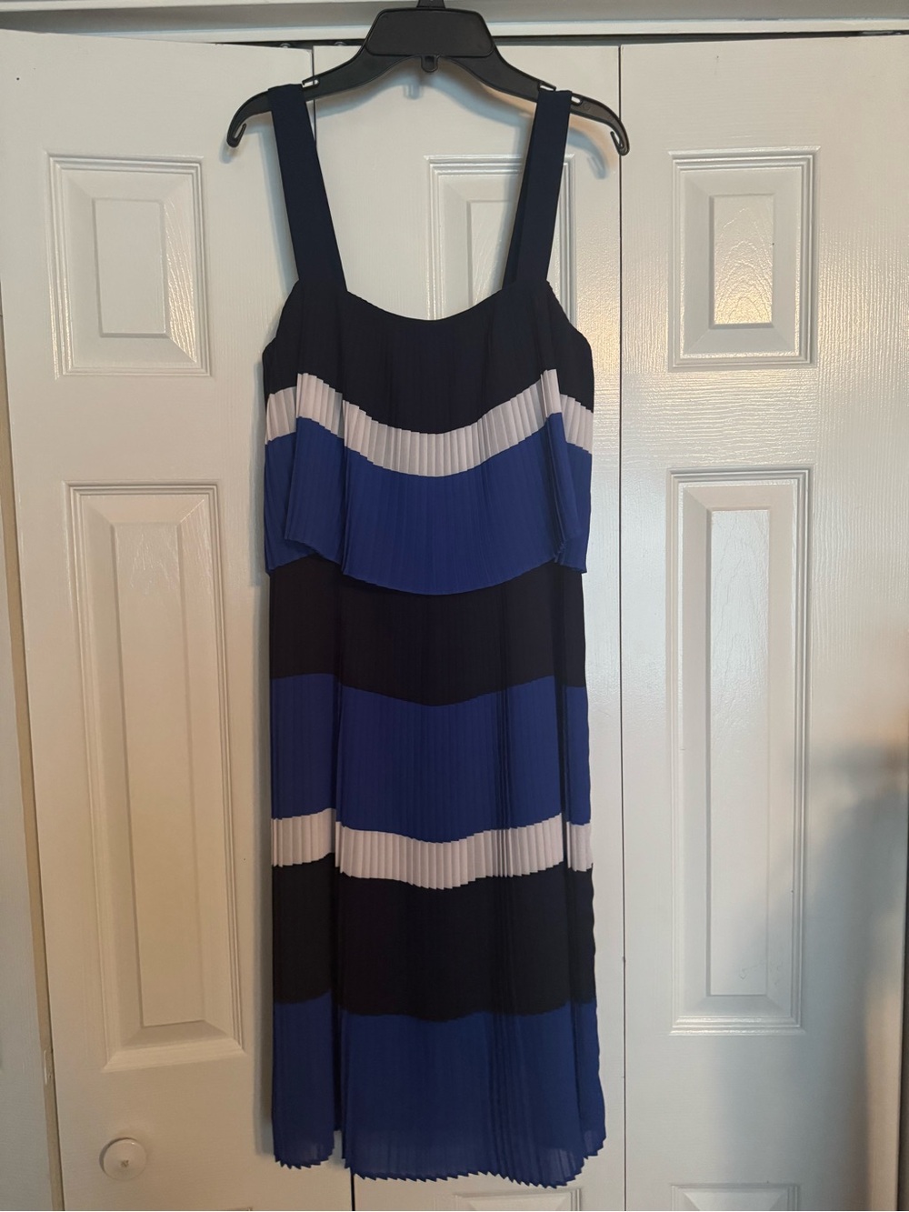 Michael Kors Blue & White Striped Pleated Midi Dress
